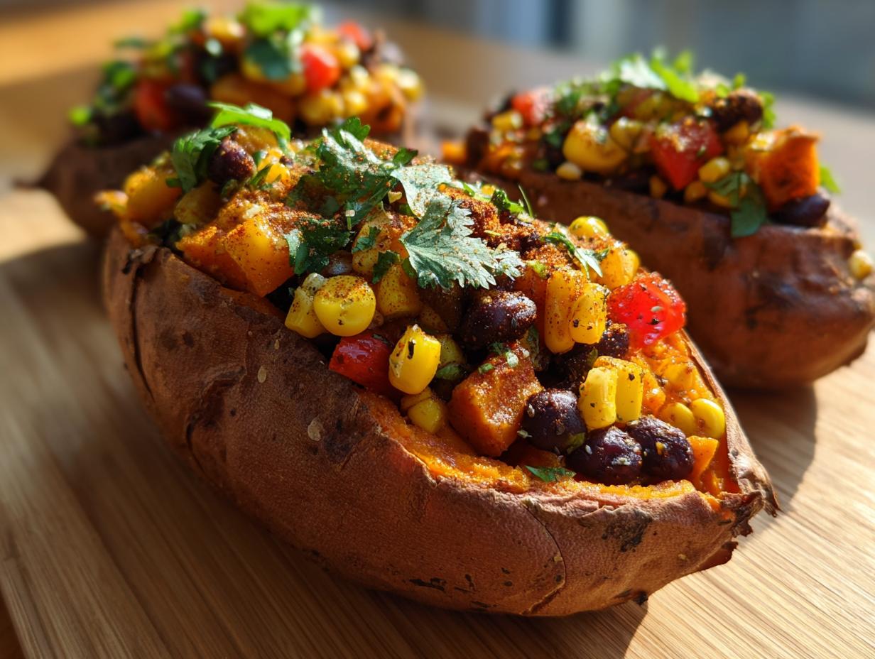 Close-up of black bean and corn stuffed sweet potatoes garnished with fresh cilantro on wooden surface.