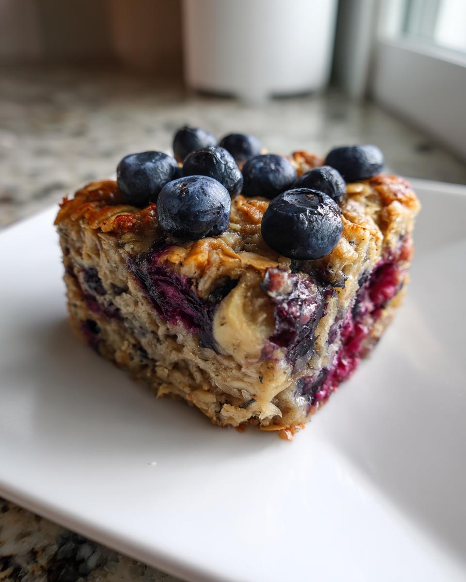 Close-up of a blueberry banana baked oatmeal squares piece topped with fresh blueberries on a white plate.