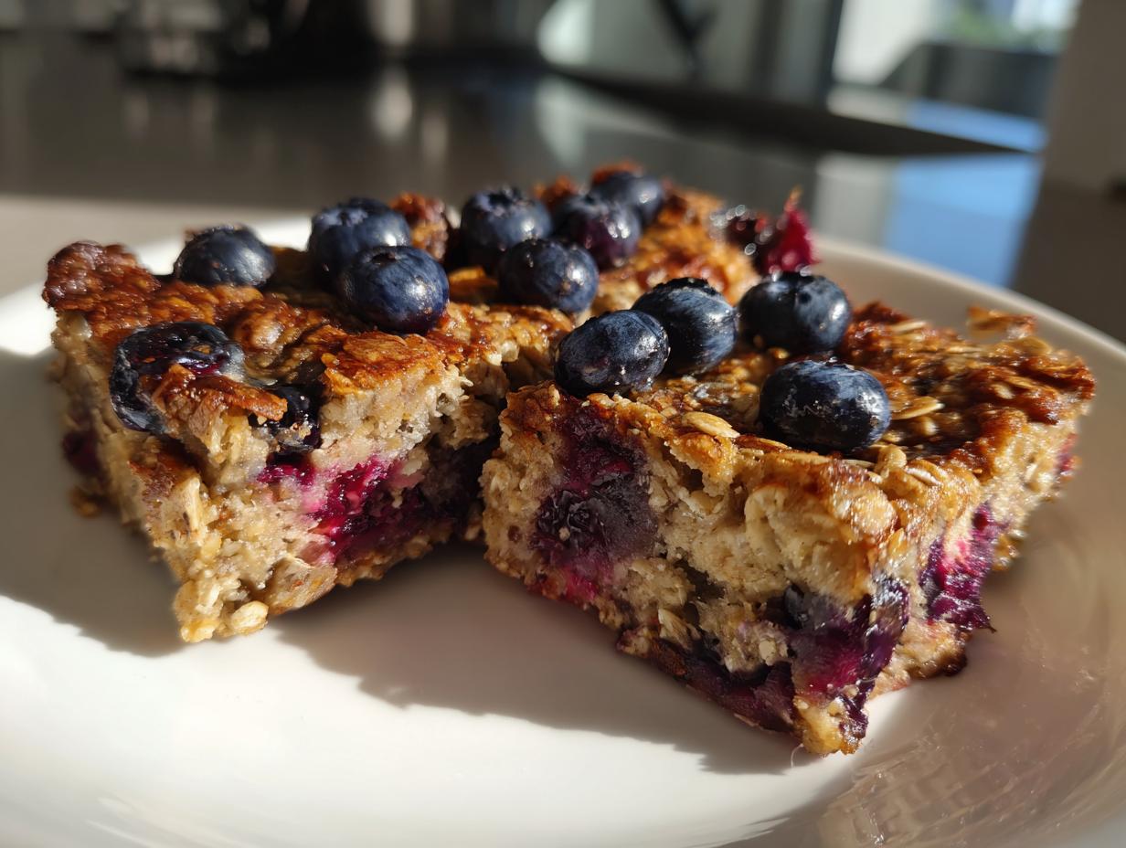 Close-up of blueberry banana baked oatmeal squares topped with fresh blueberries on a white plate.