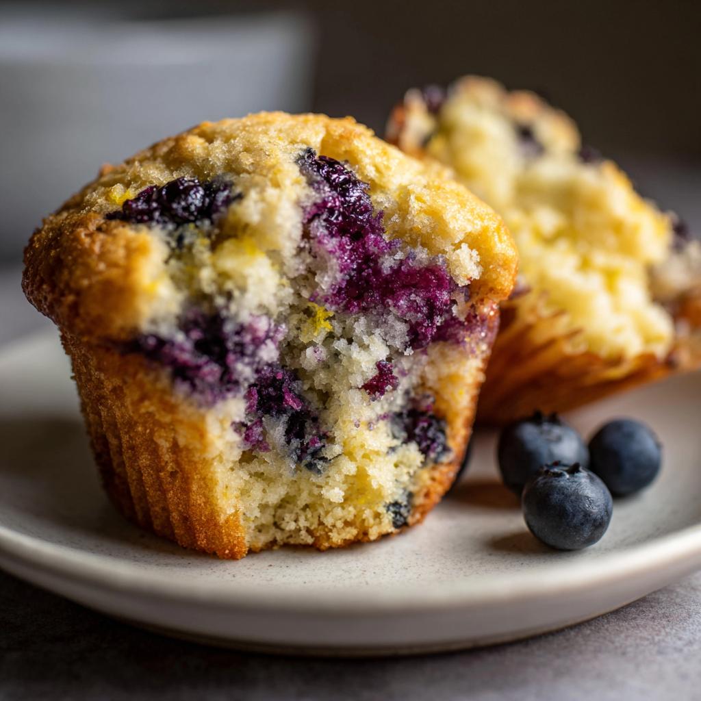 Close-up of a blueberry lemon breakfast muffin with fresh blueberries on a plate