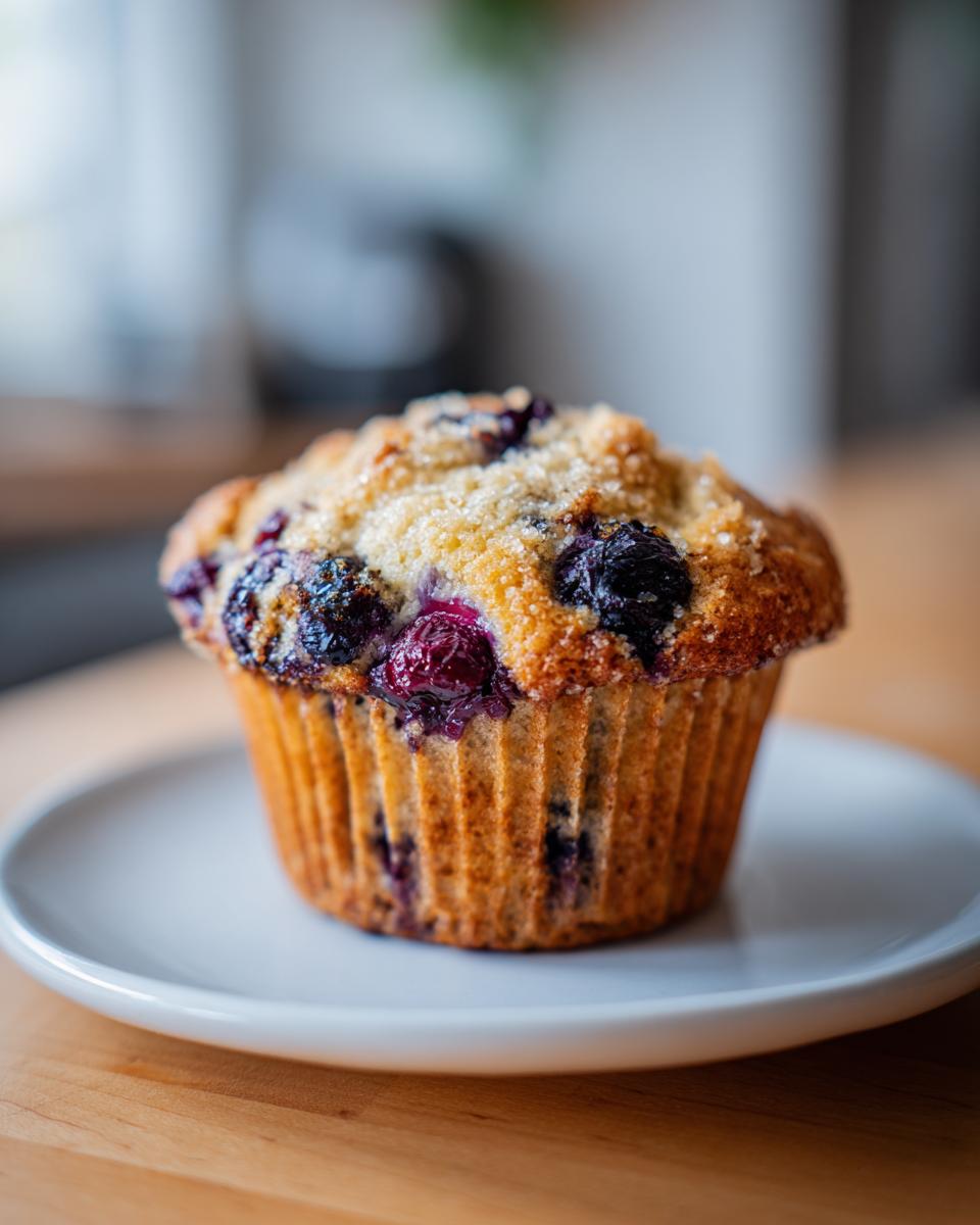 Close-up of a blueberry lemon breakfast muffin with sugar topping on a white plate.