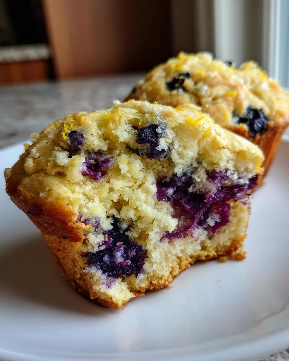 Close-up of a blueberry lemon breakfast muffin cut in half showing moist texture and fresh blueberries