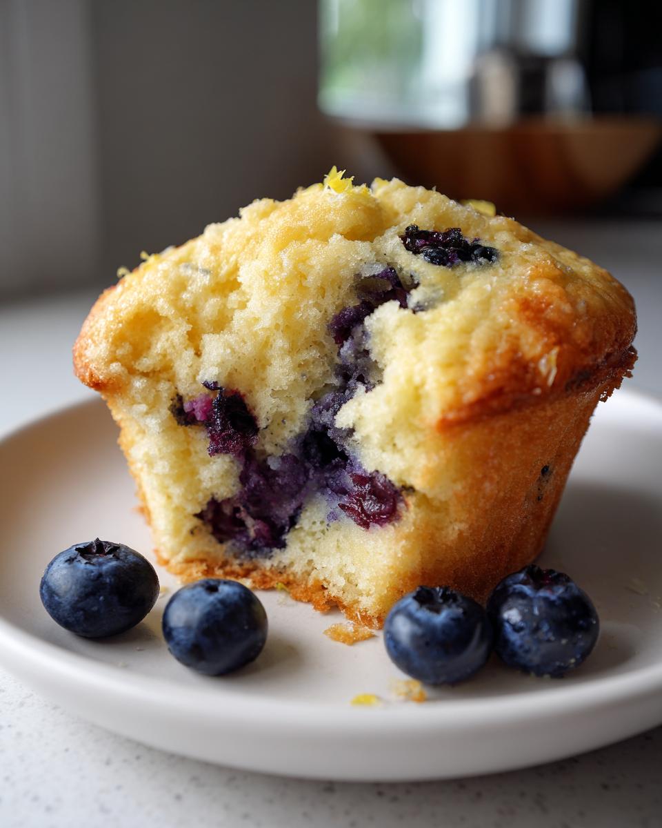 Close-up of a half-eaten blueberry lemon breakfast muffin with fresh blueberries on a white plate.