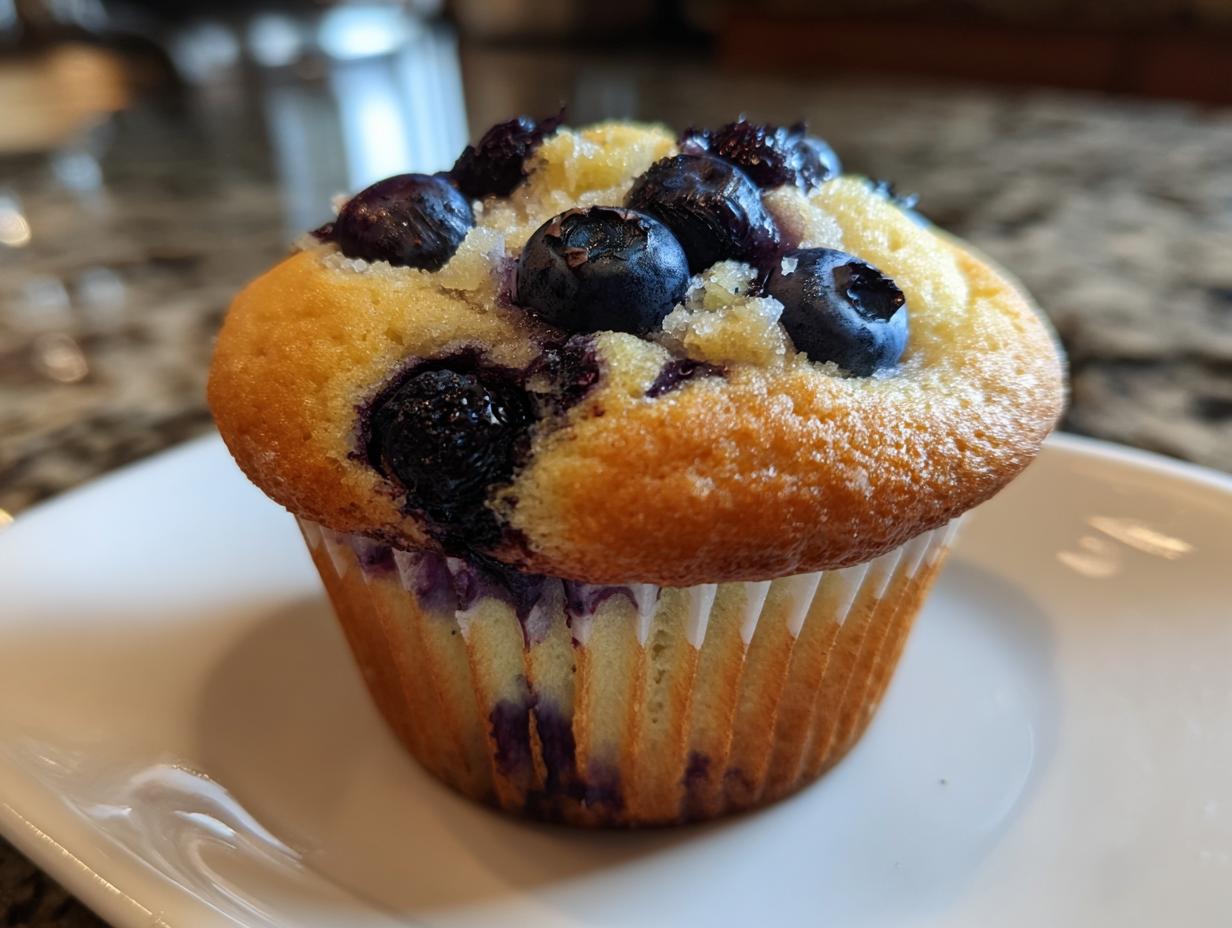 Close-up of a blueberry lemon breakfast muffin topped with fresh blueberries on a white plate