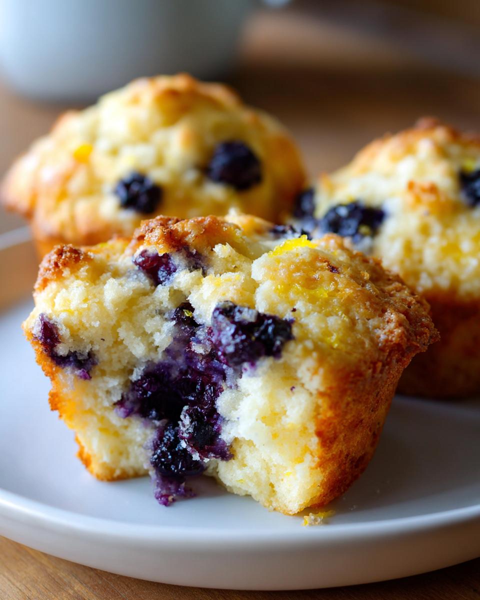 Close-up of moist blueberry lemon breakfast muffins with visible blueberries and lemon zest.
