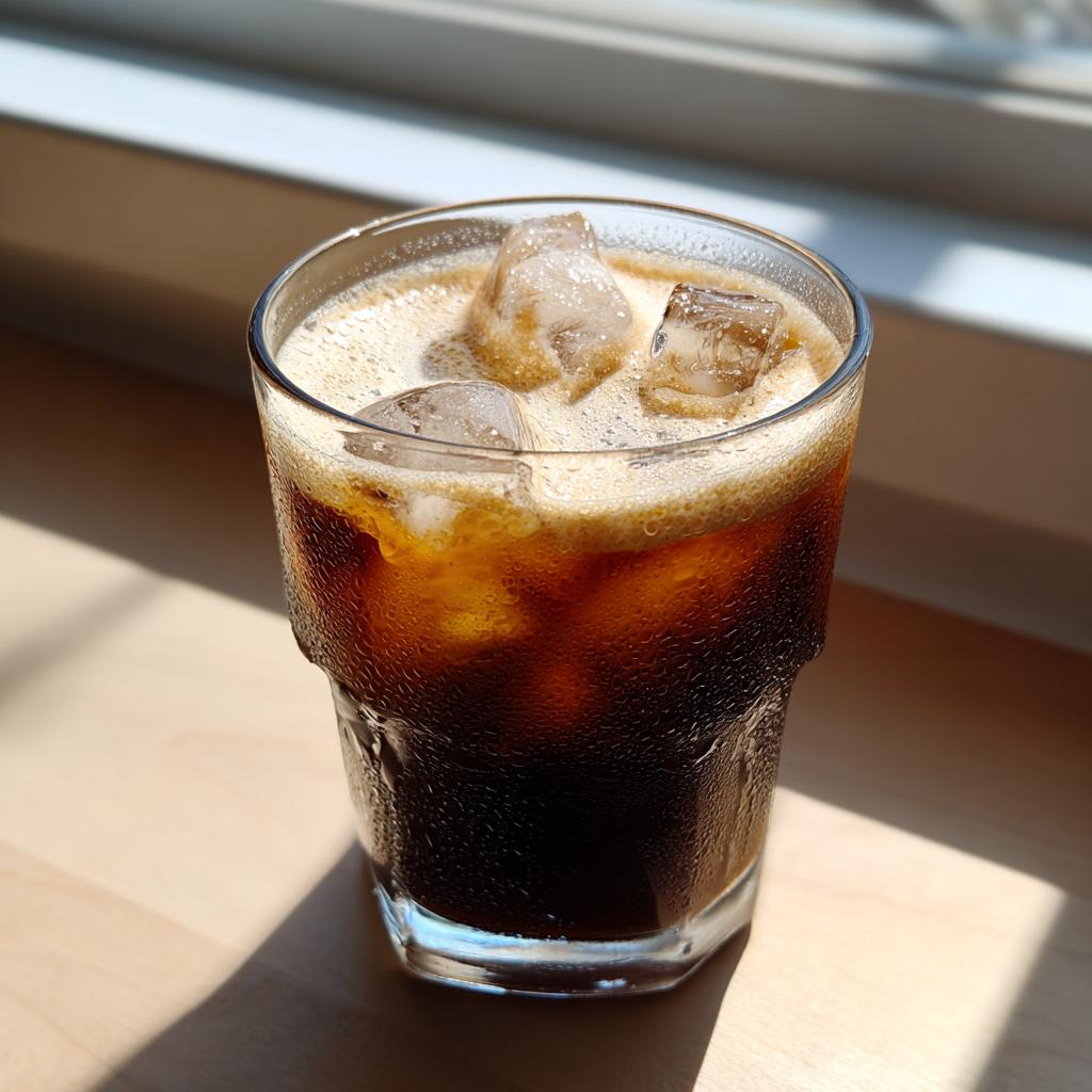 Iced brown sugar shaken espresso recipe in a clear glass with ice cubes and light foam on top.