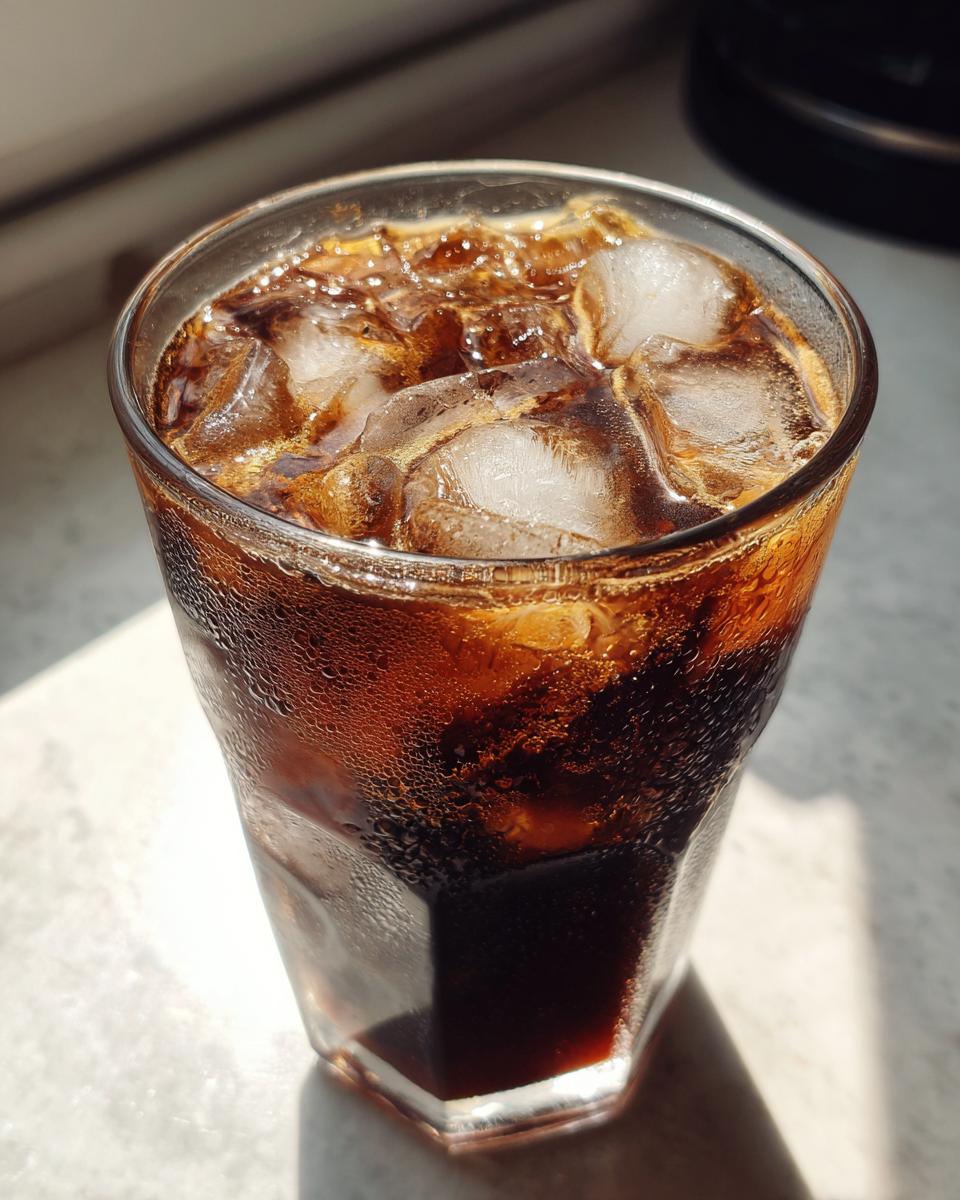 Glass filled with iced brown sugar shaken espresso with condensation on the glass