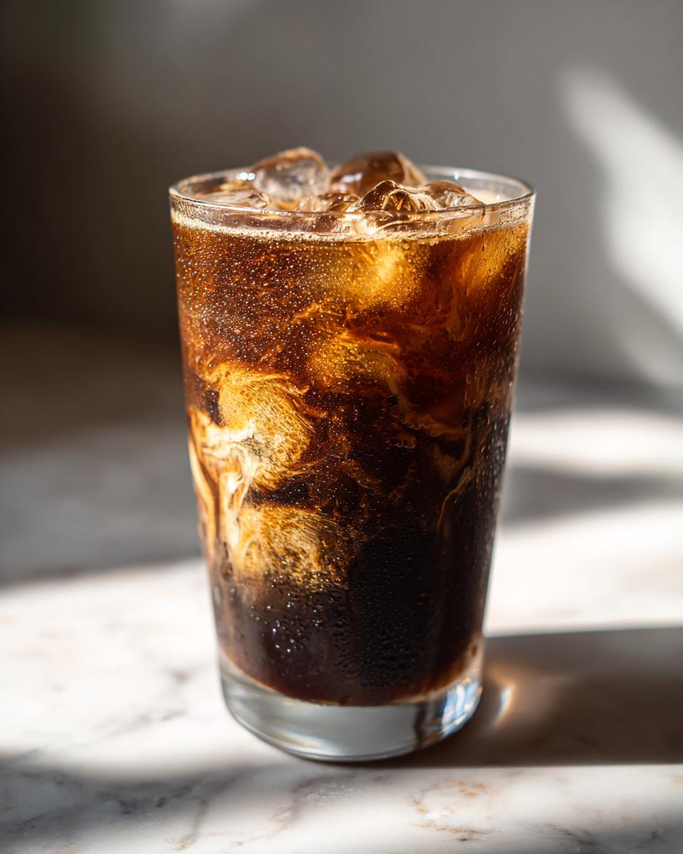Glass of iced brown sugar shaken espresso recipe with swirling cream and condensation