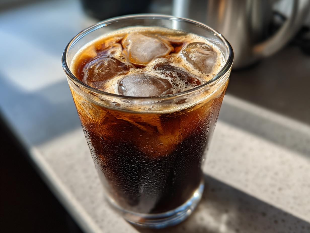 Glass of brown sugar shaken espresso recipe iced coffee with ice cubes and condensation