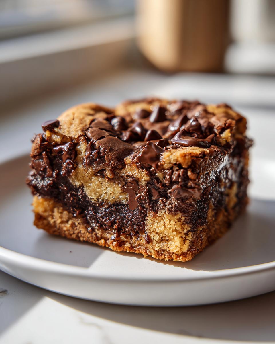Close-up of a gooey brownie cookie swirl bar dessert with melted chocolate chips on a white plate.