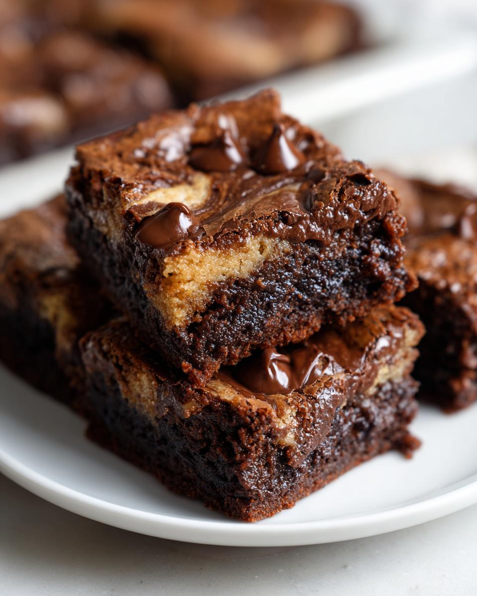 Two stacked brownie cookie swirl bar dessert squares with chocolate chips on a white plate.
