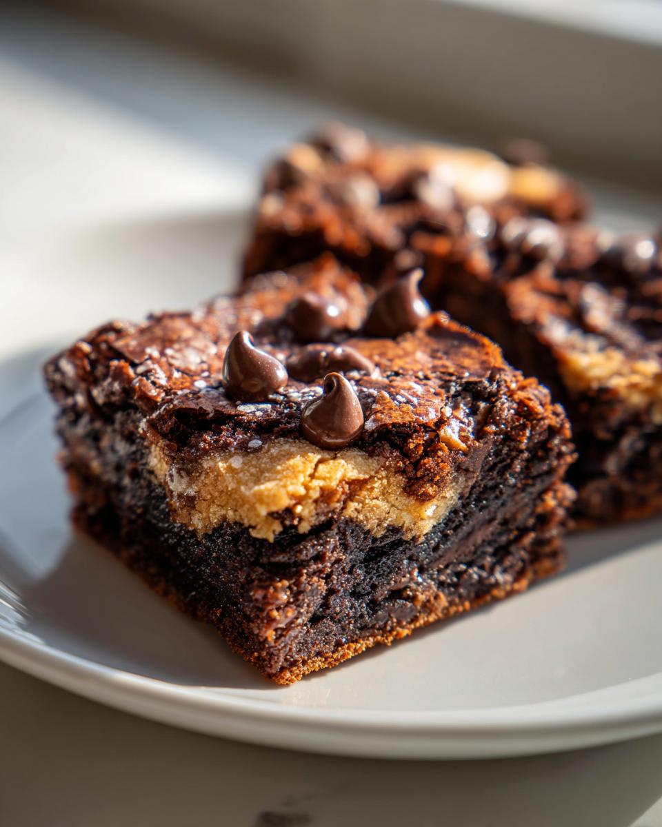 Close-up of a chocolate brownie cookie swirl bar dessert piece with chocolate chips on top.