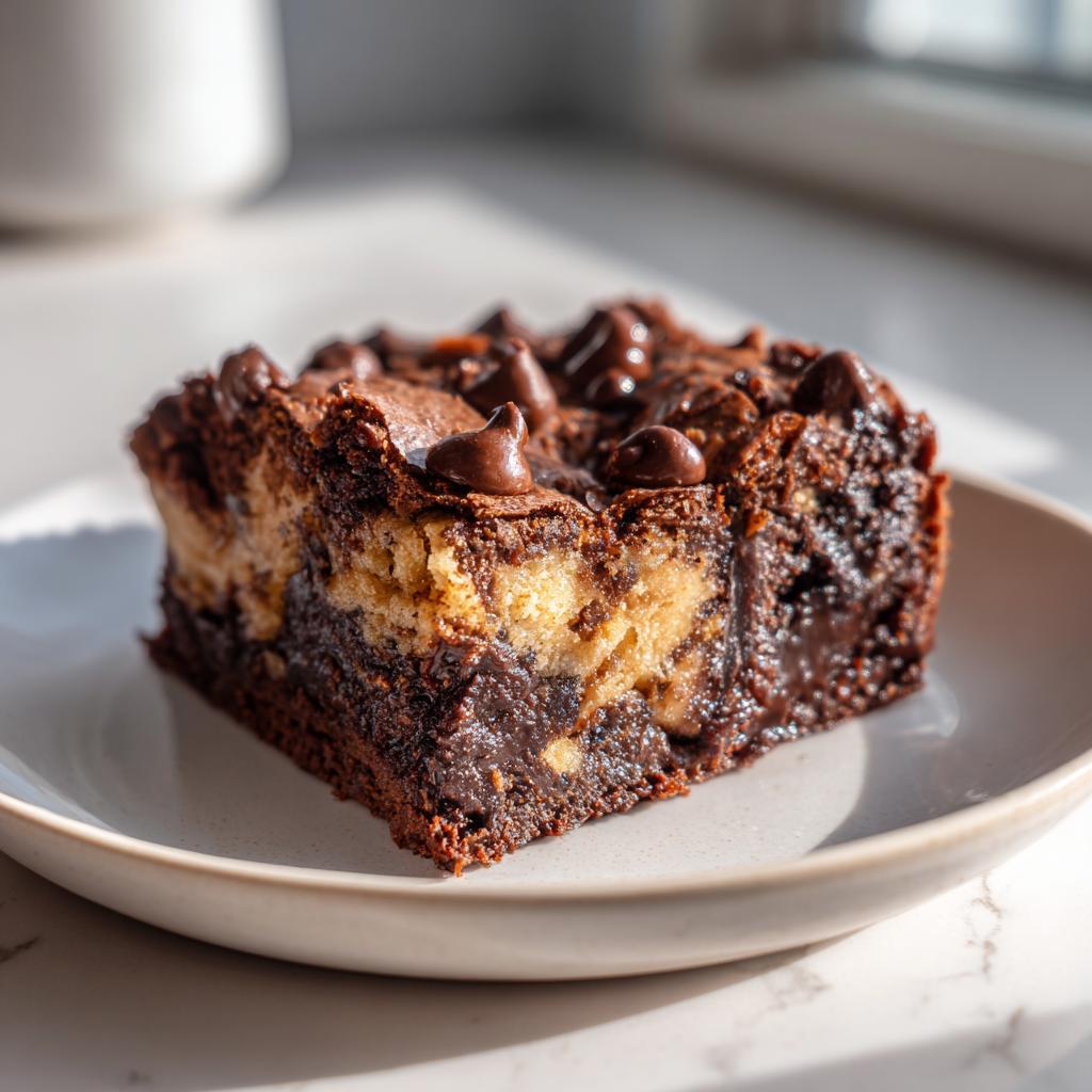 Close-up of a brownie cookie swirl bar dessert with chocolate chips on a white plate.