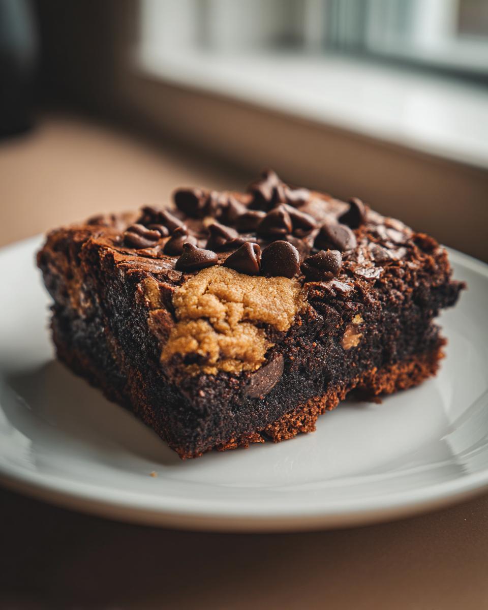 Square piece of brownie cookie swirl bar dessert with chocolate chips on a white plate.