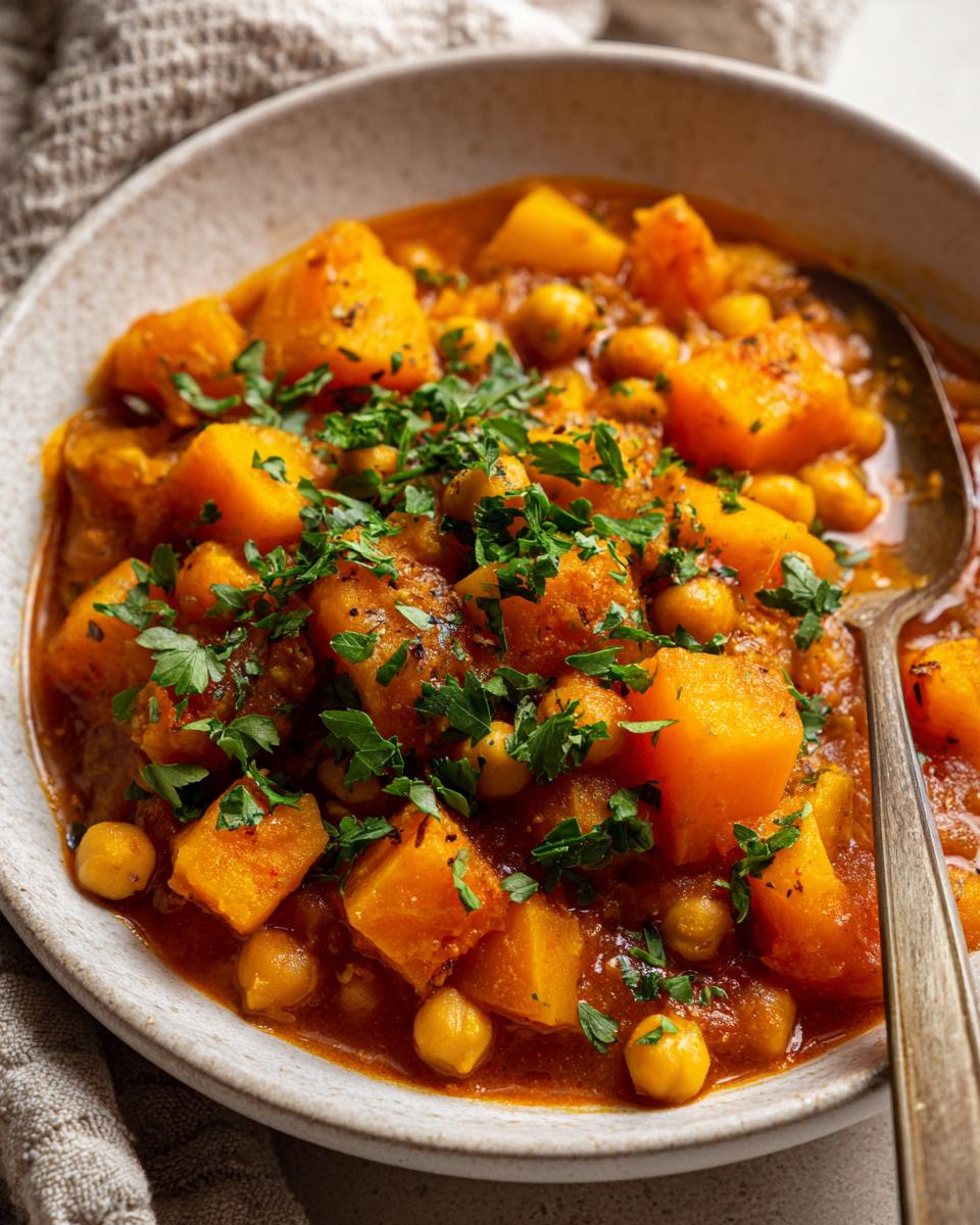 Bowl of butternut chickpea stew with fresh herbs and rich tomato broth