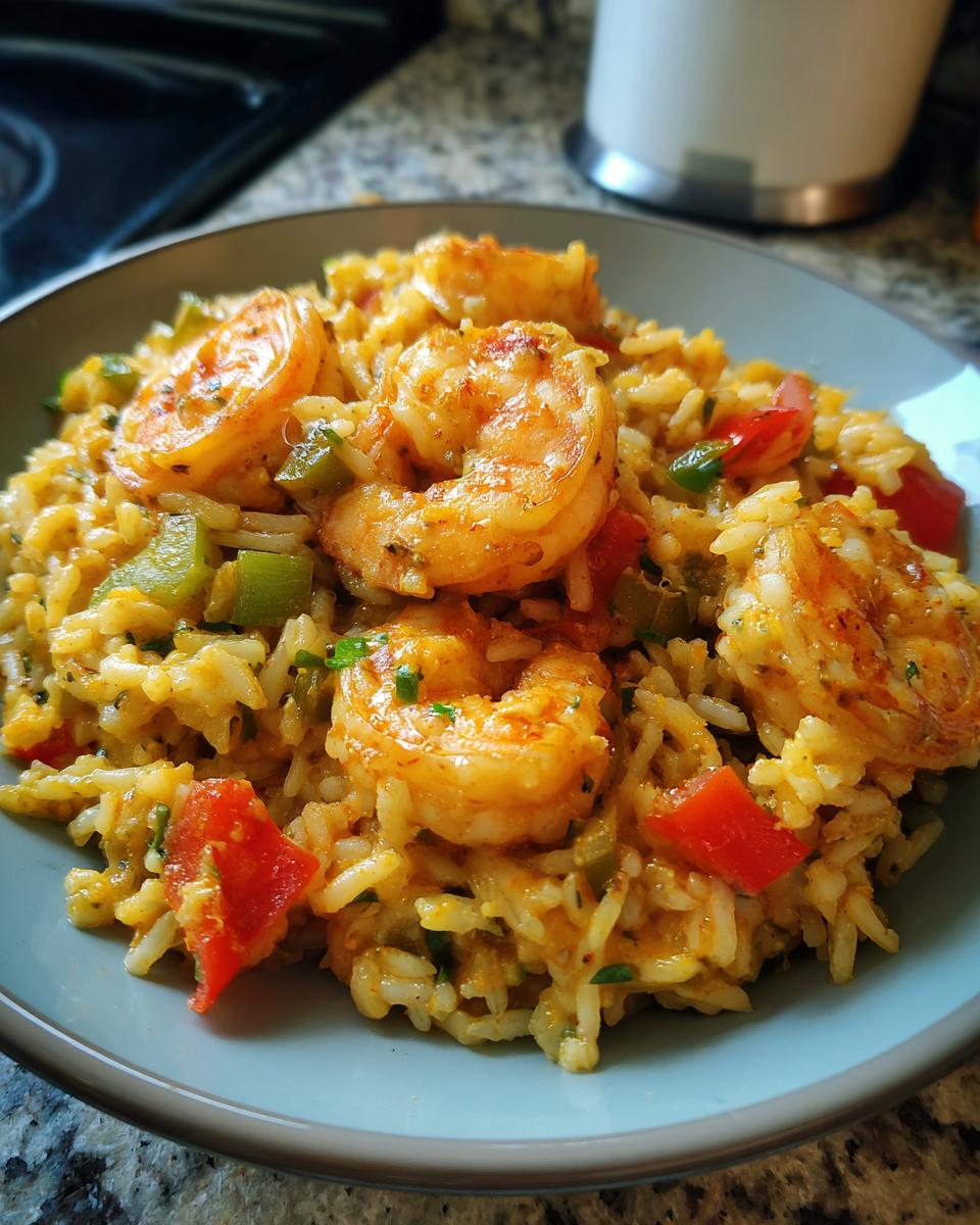 Plate of flavorful Cajun shrimp rice with seasoned shrimp, rice, and diced vegetables.