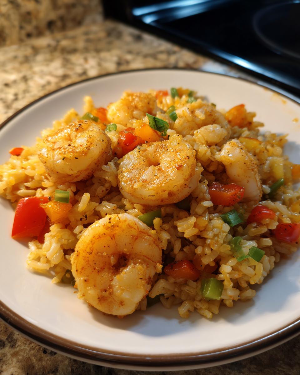 Close-up of cajun shrimp rice with cooked shrimp, rice, and diced bell peppers on a white plate.