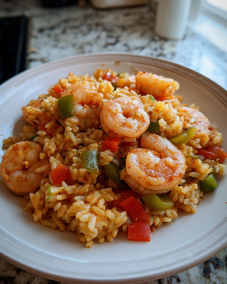Close-up of cajun shrimp rice with seasoned shrimp and diced red and green bell peppers on a white plate.