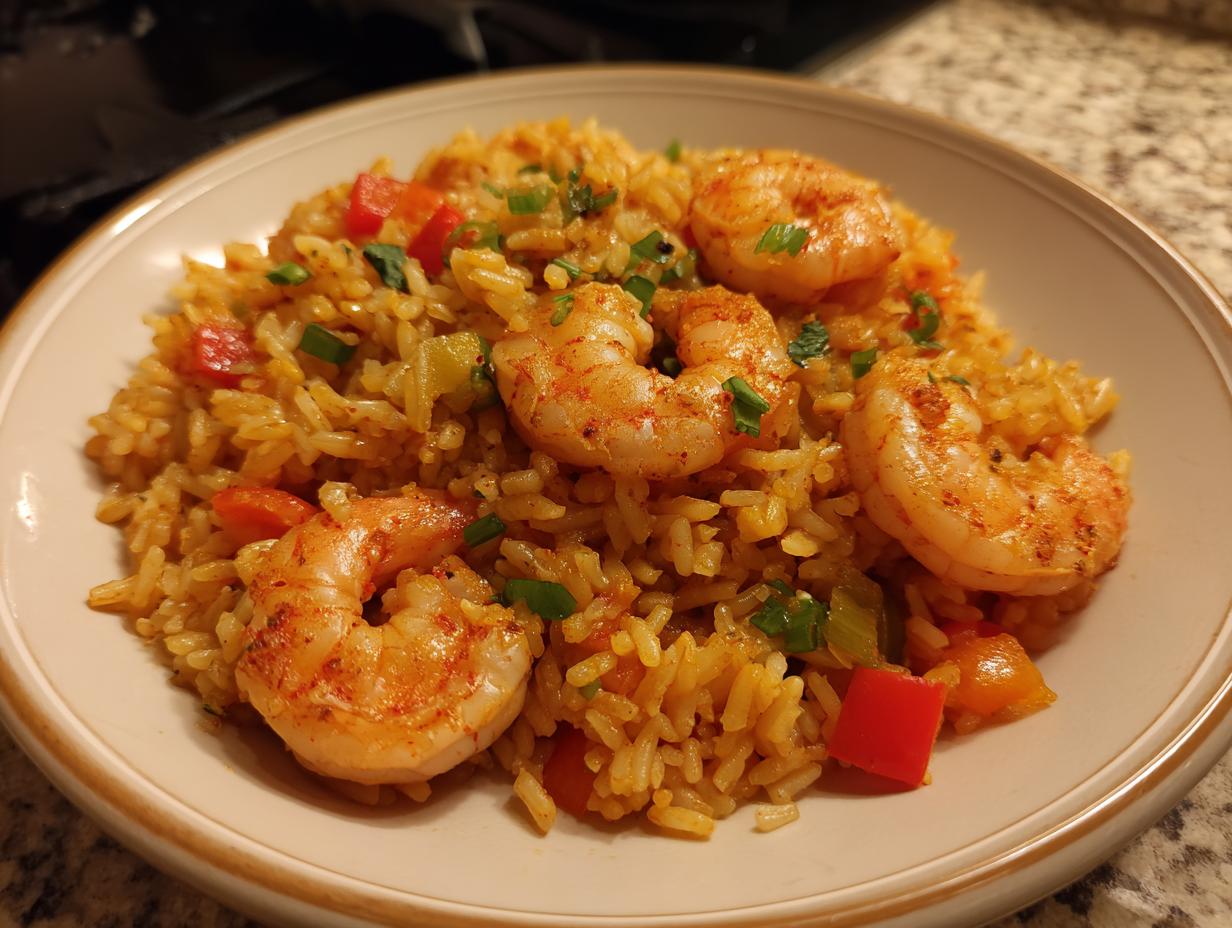 Plate of cajun shrimp rice with seasoned shrimp, rice, and diced vegetables