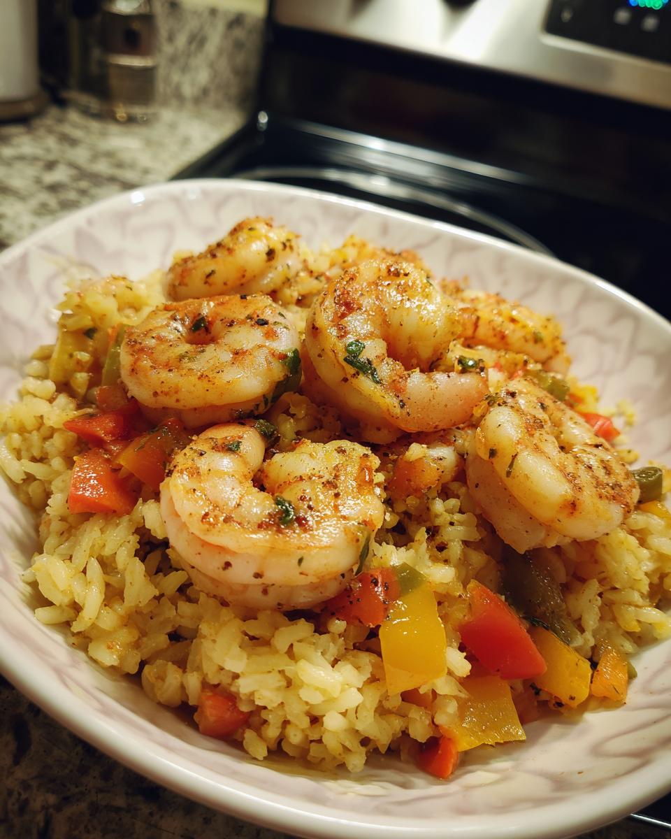 Bowl of cajun shrimp rice with seasoned shrimp and colorful diced bell peppers.