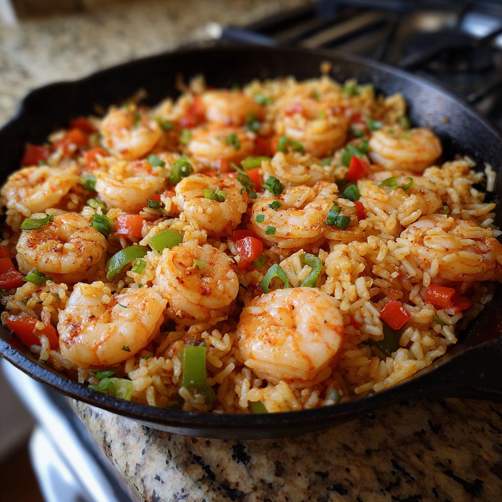 Close-up of cajun shrimp rice with sautéed shrimp, rice, and diced bell peppers in a skillet.