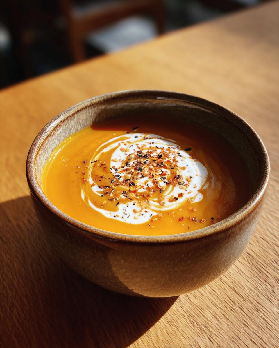 Brown bowl filled with smooth carrot ginger and sweet potato soup topped with cream and spices.