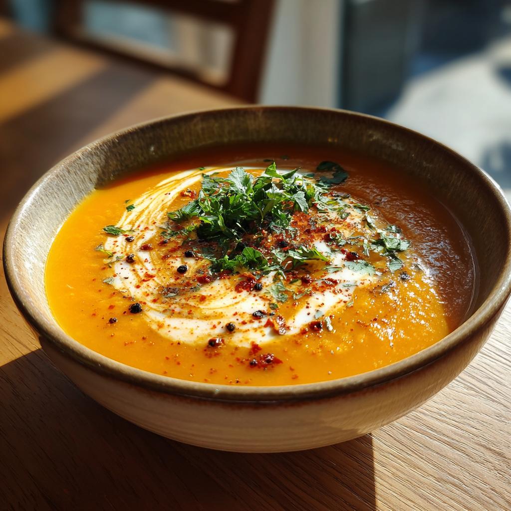 Bowl of bright orange carrot ginger and sweet potato soup topped with cream and fresh herbs