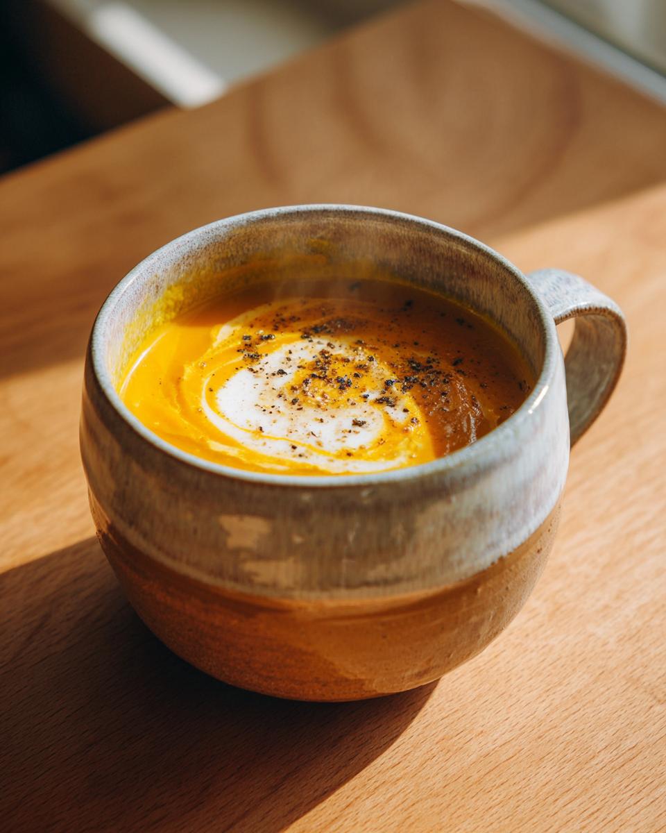 Steaming carrot ginger and sweet potato soup with cream swirl and black pepper in a rustic ceramic mug.