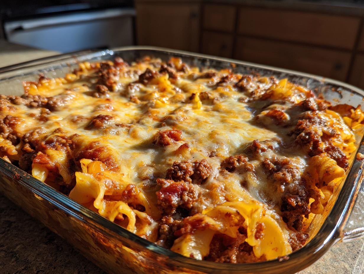 Cheesy baked beef and pasta casserole in a glass baking dish with melted cheese and ground beef