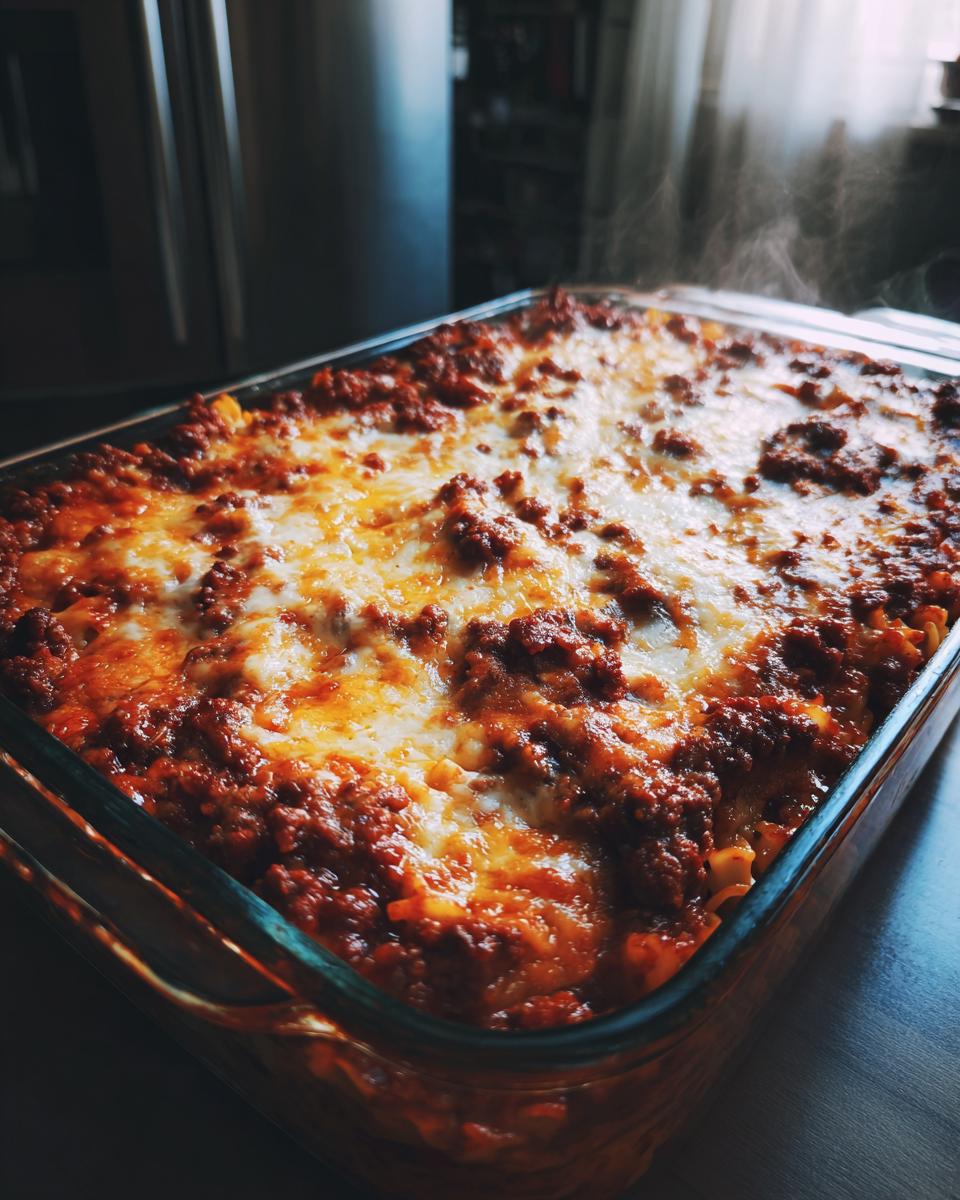 Freshly baked cheesy baked beef and pasta casserole steaming in a glass dish.