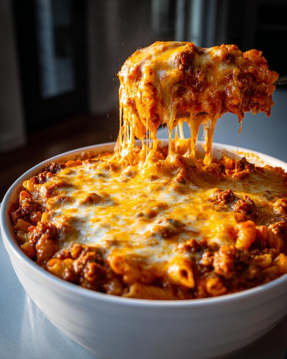 Spoon lifting cheesy baked beef and pasta casserole with melted golden cheese stretching
