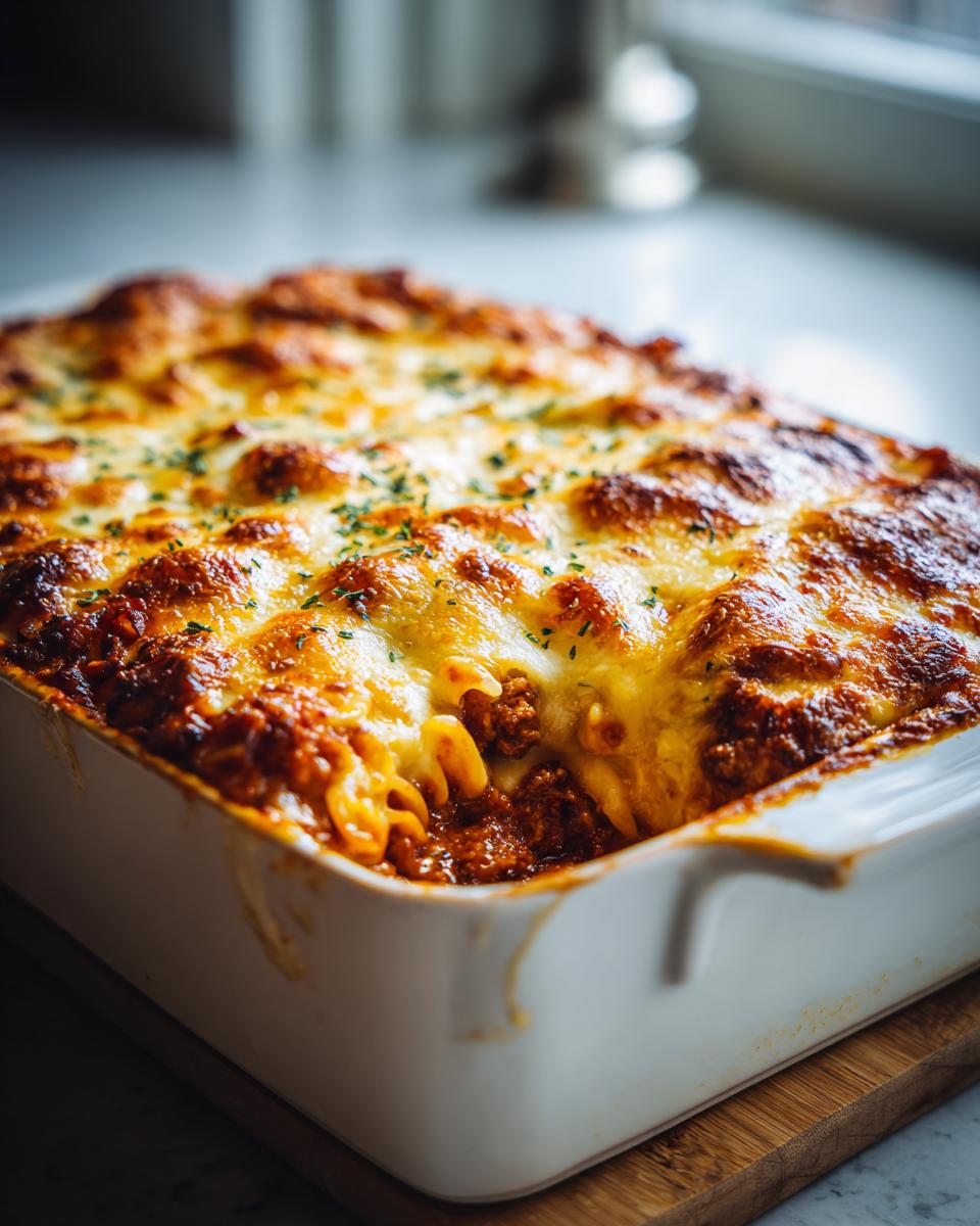Close-up of a cheesy baked beef and pasta casserole with melted golden cheese on top.