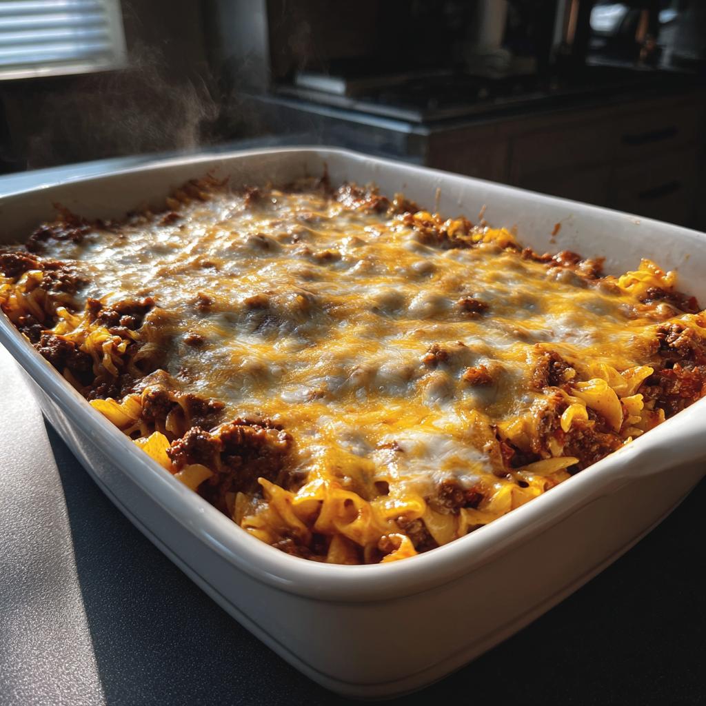 Steaming cheesy baked beef and pasta casserole in a white baking dish on the counter