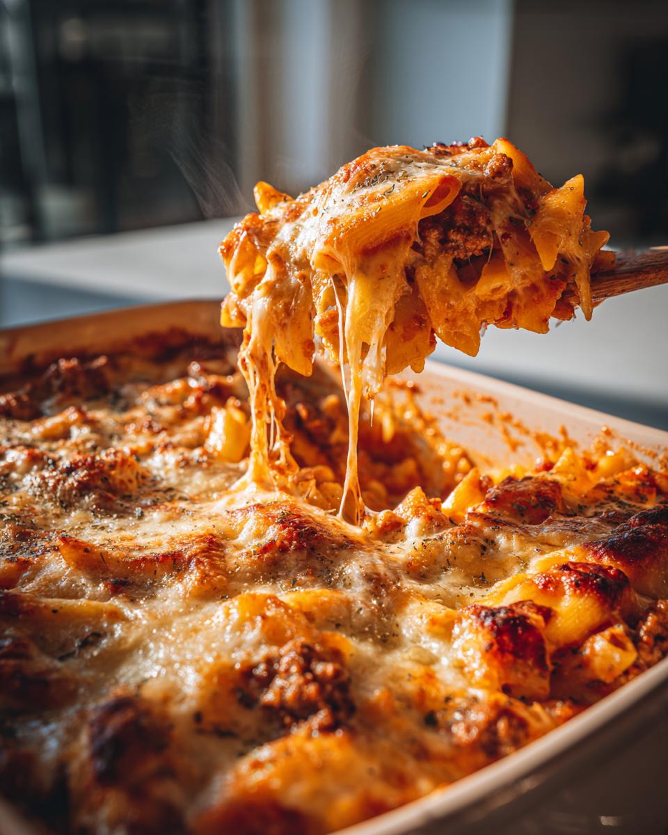 Serving cheesy baked beef and pasta casserole with melted cheese stretch.