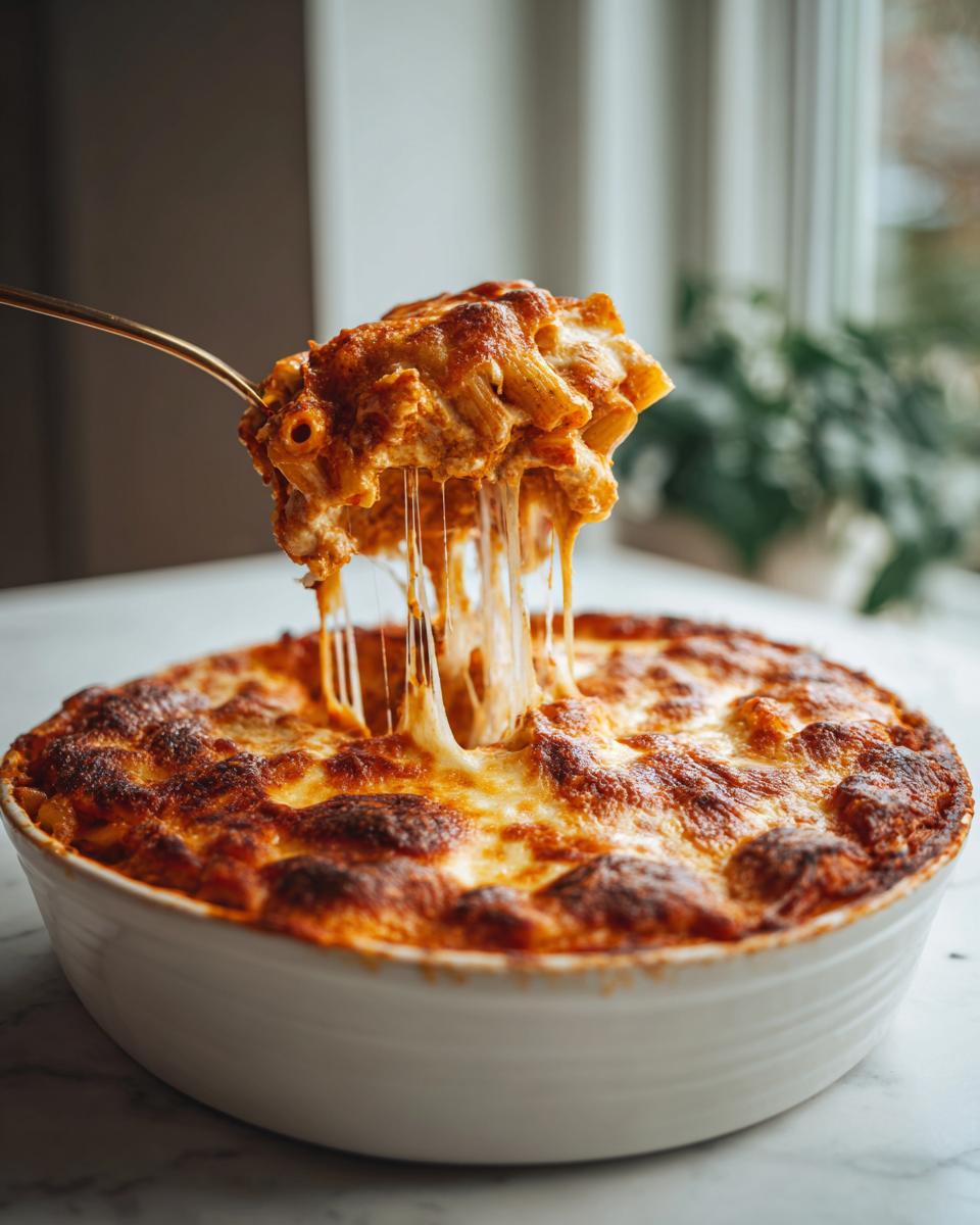 Close-up of a spoon lifting cheesy baked three cheese ziti pasta with melted cheese stretching