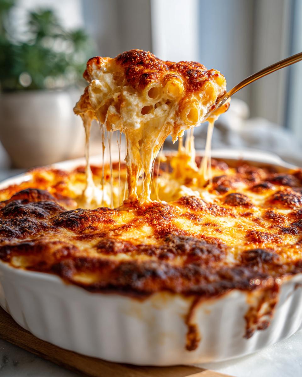 A golden brown baked three cheese ziti pasta scoop with melted cheese stretching from the dish.