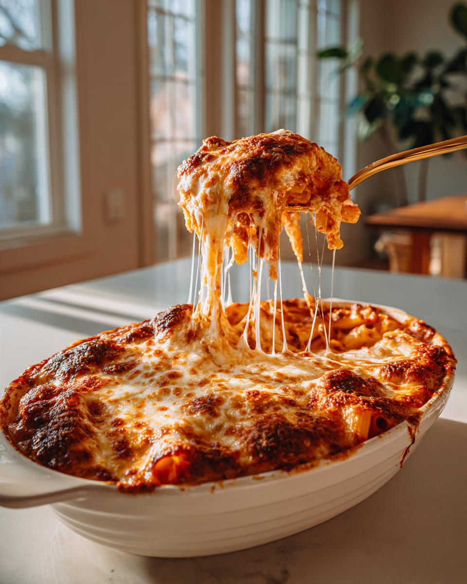 A spoon lifting a cheesy portion of baked three cheese ziti pasta with melted cheese strings.
