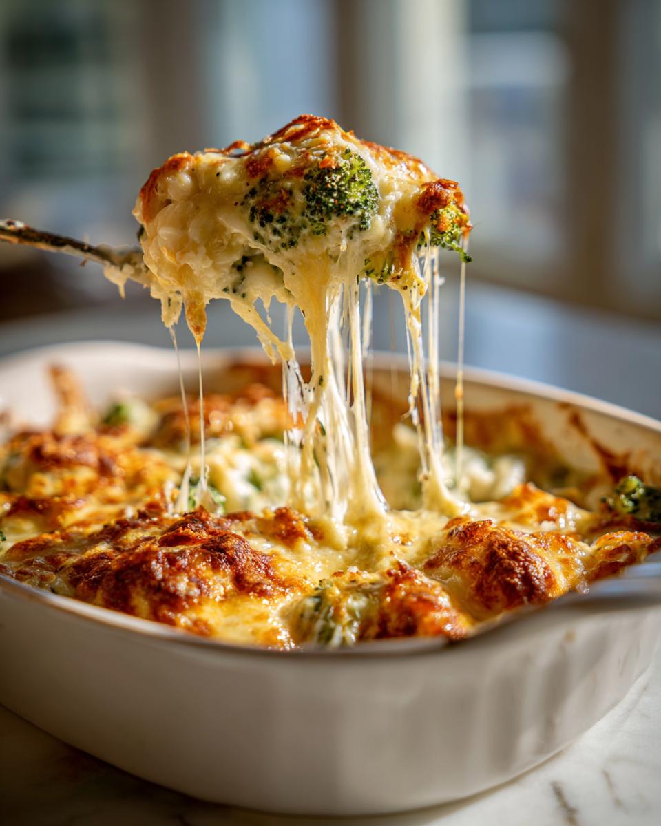 Spoon lifting cheesy broccoli rice casserole bake with melted cheese stretching