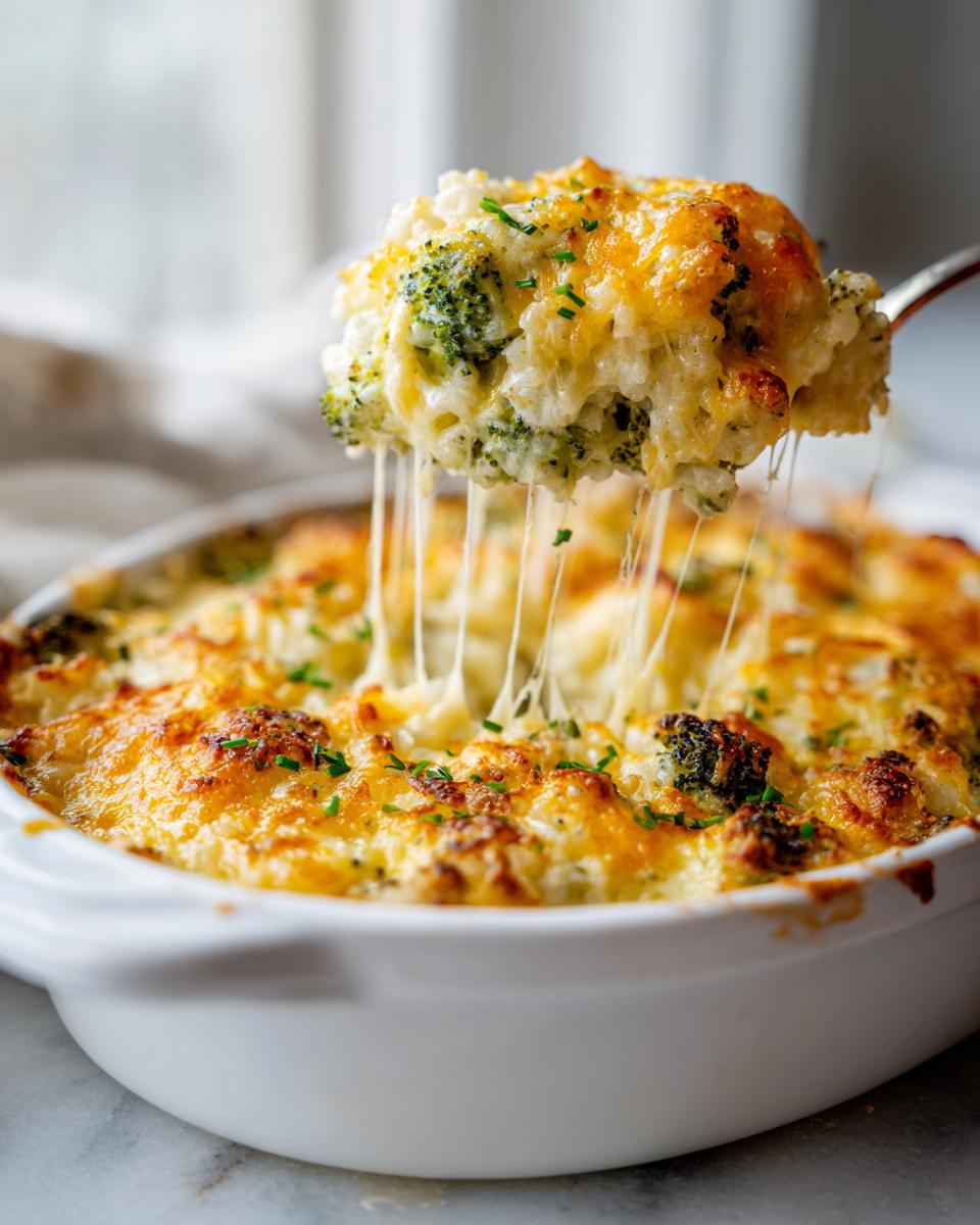 Spoon lifting a cheesy broccoli rice casserole bake with melted cheese and broccoli florets