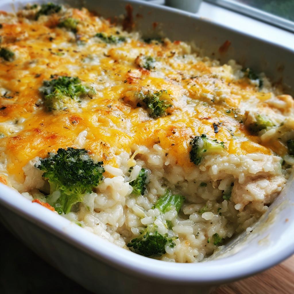 Baked cheesy chicken and broccoli rice casserole with golden melted cheese and fresh broccoli florets