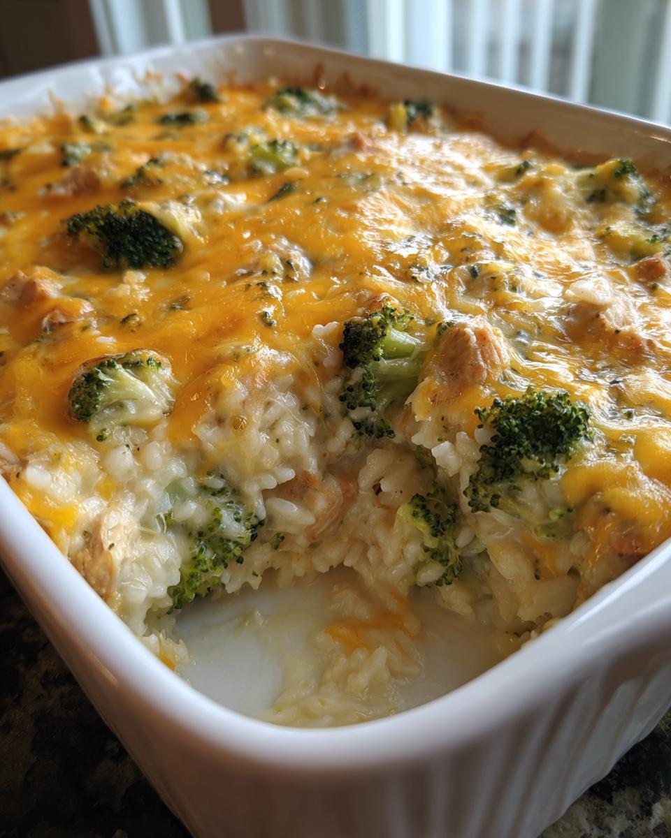 Close-up of cheesy chicken and broccoli rice casserole with melted cheese and broccoli florets.