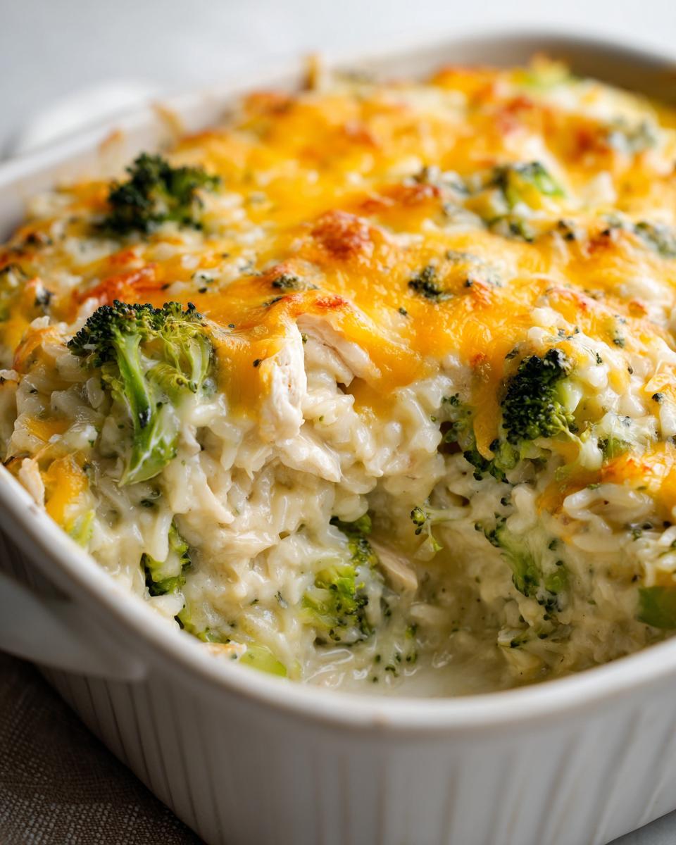 Close-up of cheesy chicken and broccoli rice casserole with melted cheese on top