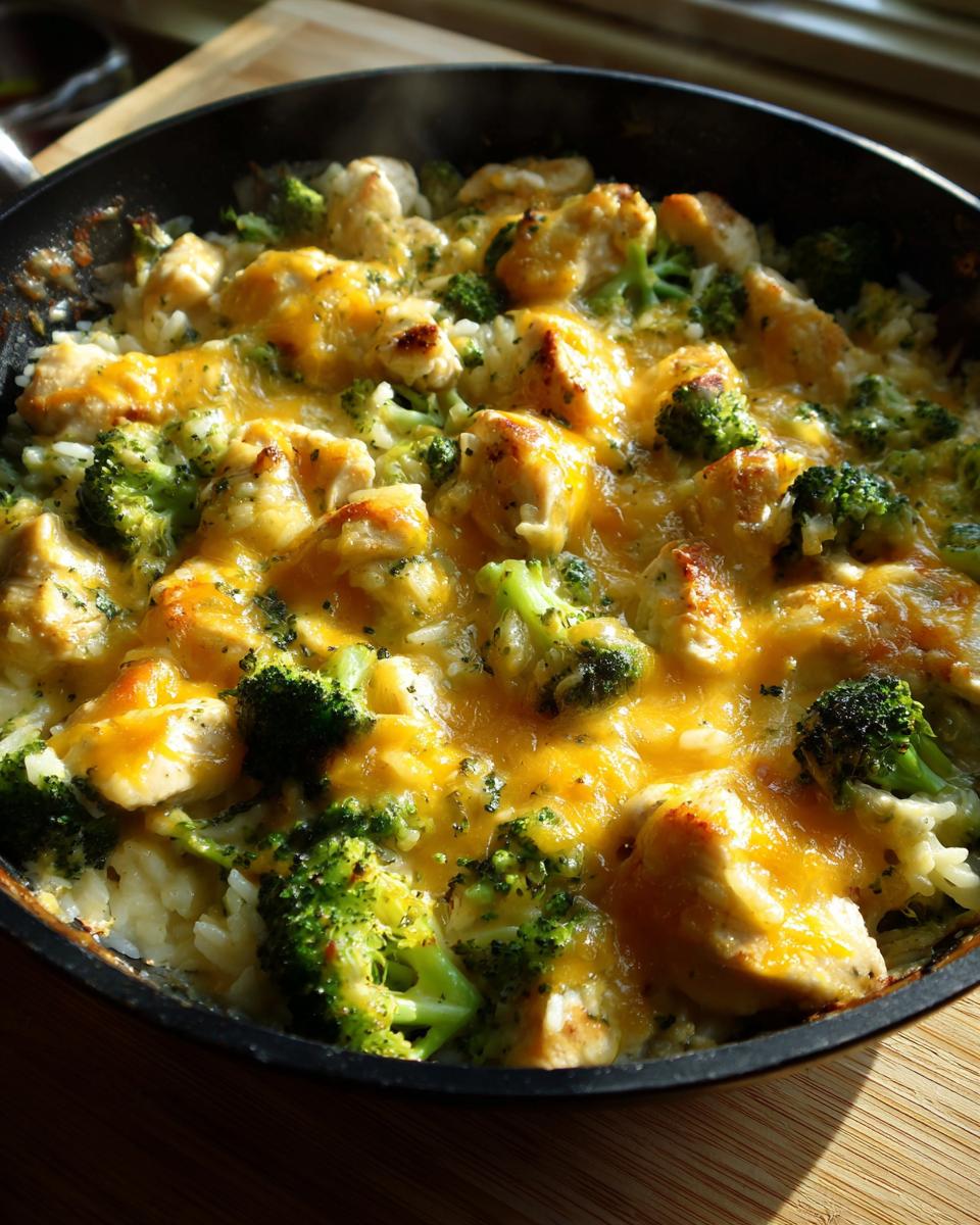 Skillet meal of cheesy chicken broccoli rice skillet topped with melted cheddar cheese
