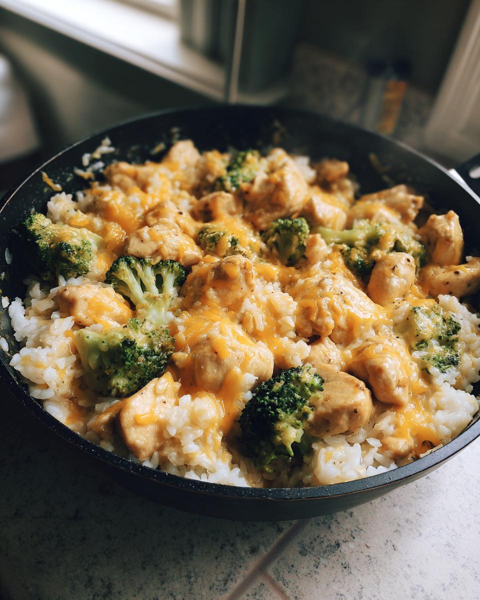 Skillet filled with cheesy chicken broccoli rice skillet cooked with melted cheddar cheese