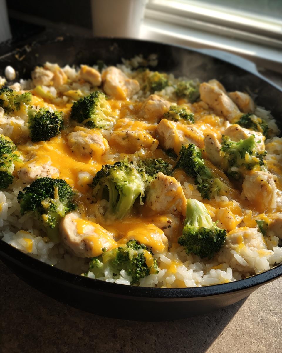 Cast iron skillet with cheesy chicken broccoli rice skillet fresh off the stove