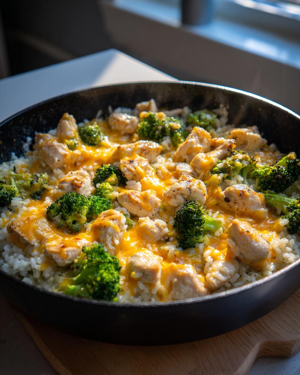 Close-up of cheesy chicken broccoli rice skillet with melted cheese and steam rising.