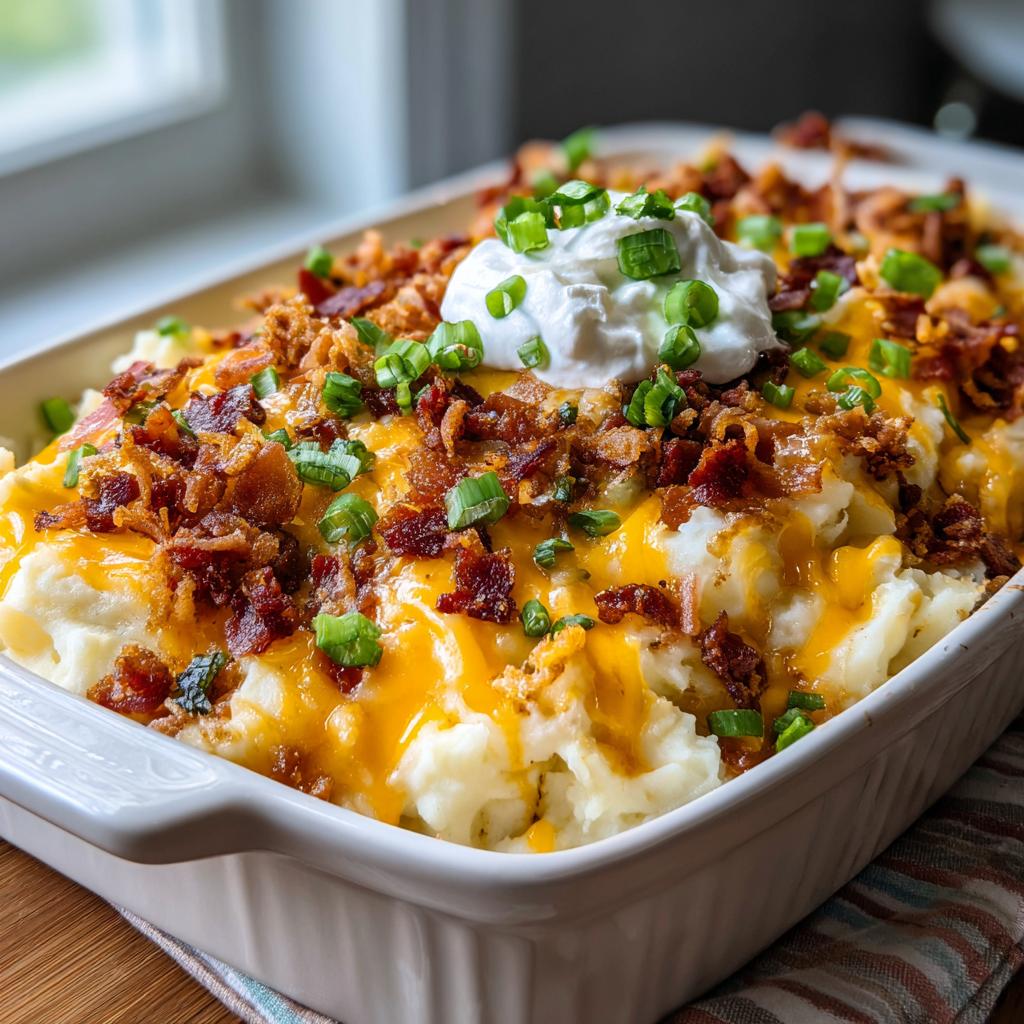 Cheesy loaded mashed potato casserole topped with bacon, green onions, and sour cream in white baking dish