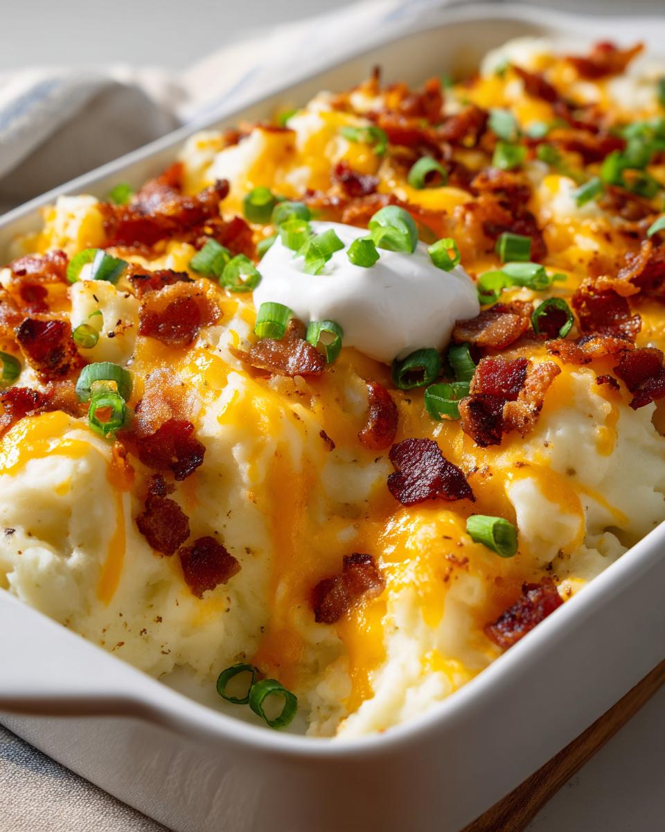 Cheesy loaded mashed potato casserole topped with bacon, melted cheddar, green onions, and sour cream