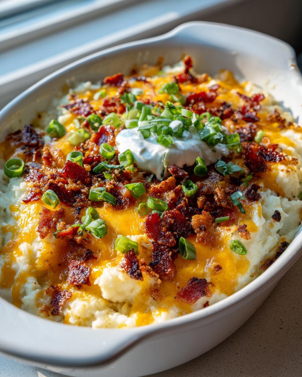 Cheesy loaded mashed potato casserole topped with bacon, green onions, and sour cream in a white baking dish.