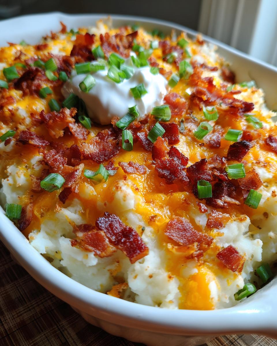 Cheesy loaded mashed potato casserole topped with melted cheese, crispy bacon bits, sour cream, and chopped green chives.